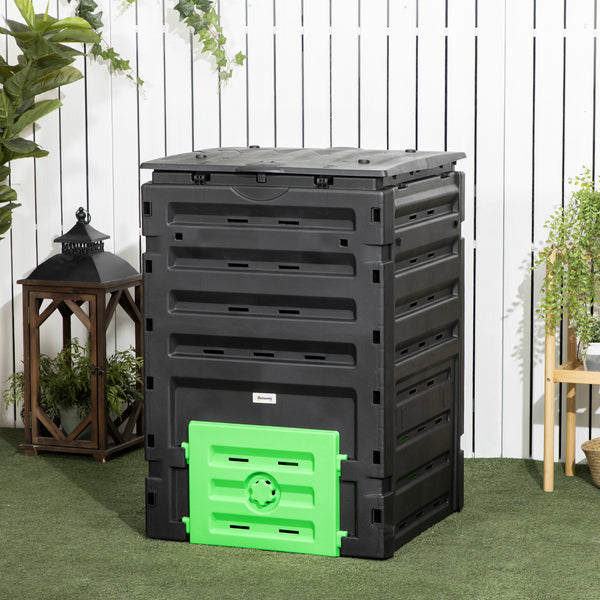 Composteur de jardin 450 L, bac composteur pour jardin en polypropylène, 80 aérations et 2 portes coulissantes, léger et robuste, noir