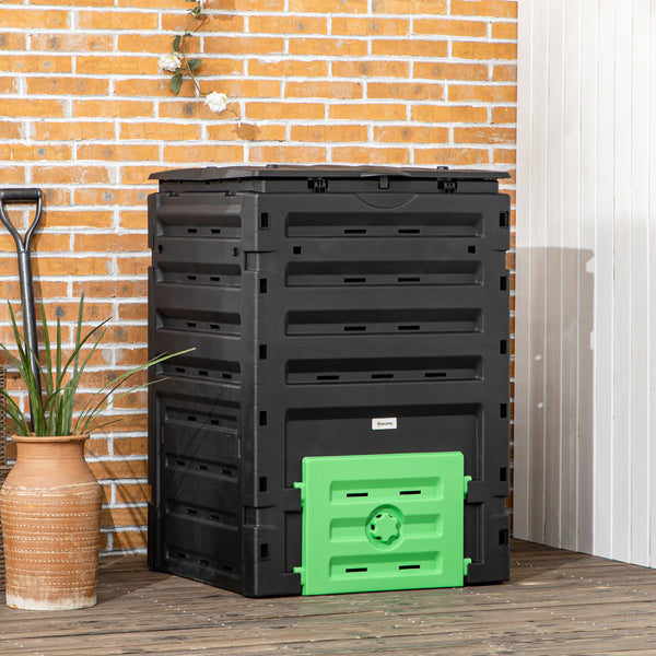 Composteur de jardin 450 L, bac composteur pour jardin en polypropylène, 80 aérations et 2 portes coulissantes, léger et robuste, noir