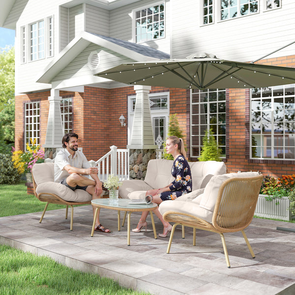 Salon de Jardin 4 Pièces en Résine Tressée - Coussin 12 cm Ultra Épais Mobilier de Jardin Chic - Ensemble Terrasse avec Canapé 138 cm, 2 Fauteuils et Table Basse en Verre Trempé, Beige