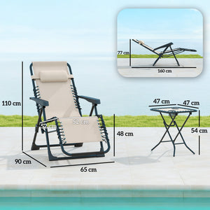 Lot de 2 chaise longue pliable et inclinable avec table d'appoint, fauteuil relax jardin de gravité zéro transat bain de soleil avec porte-gobelets et appuie-tête, charge 120 kg, beige