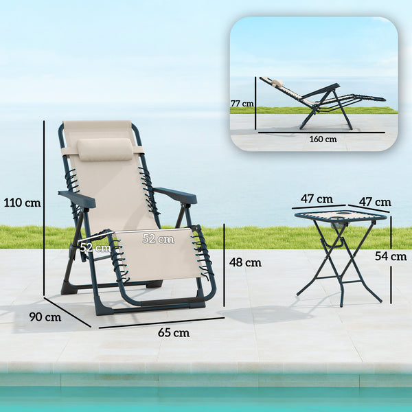 Lot de 2 chaise longue pliable et inclinable avec table d'appoint, fauteuil relax jardin de gravité zéro transat bain de soleil avec porte-gobelets et appuie-tête, charge 120 kg, beige