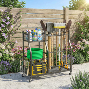 Organisateur d'Outils de Jardin en Acier à 3 Niveaux, 74 Emplacements, 4 Roues, 11 Crochets, Porte-Outils de Jardin pour Pelles et Râteaux Longs, Noir