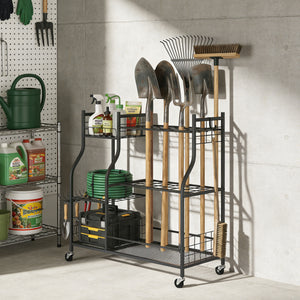Organisateur d'Outils de Jardin en Acier à 3 Niveaux, 74 Emplacements, 4 Roues, 11 Crochets, Porte-Outils de Jardin pour Pelles et Râteaux Longs, Noir