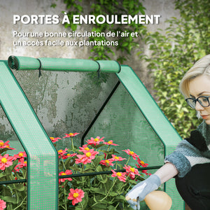 Mini Serre de Jardin mini serre tunnel 360L x 90l x 90H cm toit pointu Acier PE Haute densité 140 g/m² Anti-UV fenêtres avec Zip enroulables Vert
