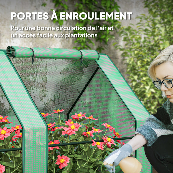 Mini Serre de Jardin mini serre tunnel 360L x 90l x 90H cm toit pointu Acier PE Haute densité 140 g/m² Anti-UV fenêtres avec Zip enroulables Vert