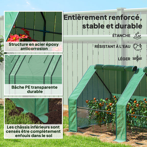 Mini Serre de Jardin mini serre tunnel 360L x 90l x 90H cm toit pointu Acier PE Haute densité 140 g/m² Anti-UV fenêtres avec Zip enroulables Vert