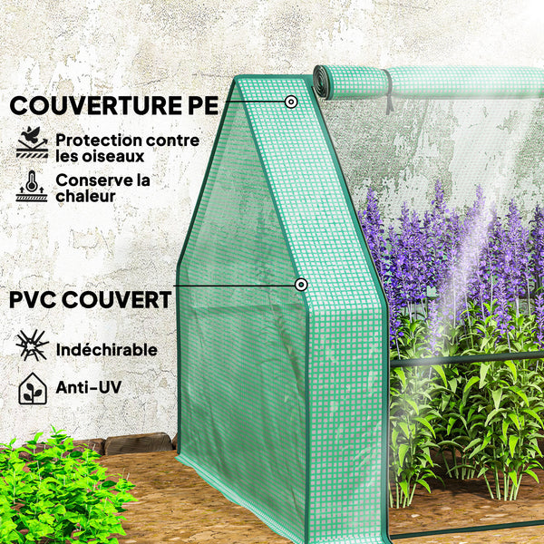 Mini Serre de Jardin mini serre tunnel 360L x 90l x 90H cm toit pointu Acier PE Haute densité 140 g/m² Anti-UV fenêtres avec Zip enroulables Vert