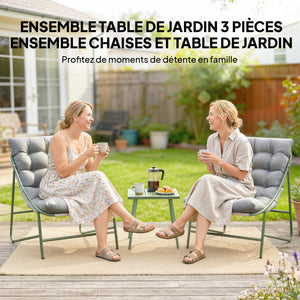 Ensemble bistrot de jardin 3 pièces, salon de jardin extérieur 2 personnes avec 2 chaises, table basse et coussins, mobilier de jardin, terrasse, balcon, véranda, gris clair