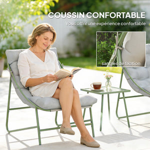 Ensemble bistrot de jardin 3 pièces, salon de jardin extérieur 2 personnes avec 2 chaises, table basse et coussins, mobilier de jardin, terrasse, balcon, véranda, gris clair
