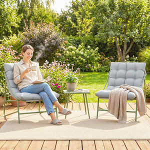 Ensemble bistrot de jardin 3 pièces, salon de jardin extérieur 2 personnes avec 2 chaises, table basse et coussins, mobilier de jardin, terrasse, balcon, véranda, gris clair