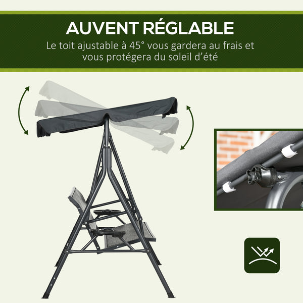 Balancelle de jardin 3 places toit inclinaison réglable avec porte-gobelets plateaux coussin assise dossier ergonomique en résine tressée PE cadre en acier et polyester gris foncé et marron