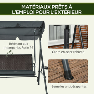 Balancelle de jardin 3 places toit inclinaison réglable avec porte-gobelets plateaux coussin assise dossier ergonomique en résine tressée PE cadre en acier et polyester gris foncé et marron