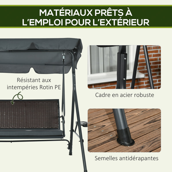 Balancelle de jardin 3 places toit inclinaison réglable avec porte-gobelets plateaux coussin assise dossier ergonomique en résine tressée PE cadre en acier et polyester gris foncé et marron