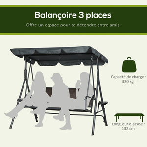 Balancelle de jardin 3 places toit inclinaison réglable avec porte-gobelets plateaux coussin assise dossier ergonomique en résine tressée PE cadre en acier et polyester gris foncé et marron