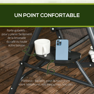 Balancelle de jardin 3 places toit inclinaison réglable avec porte-gobelets plateaux coussin assise dossier ergonomique en résine tressée PE cadre en acier et polyester gris foncé et marron