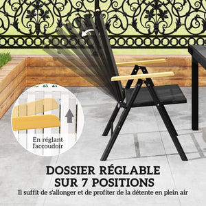 Salon de jardin extérieur 6 personnes, table de jardin extérieure avec 6 chaises, cadre en aluminium, table 140 CM, chaises pliables et inclinables, mobilier de terrasse, patio, noir