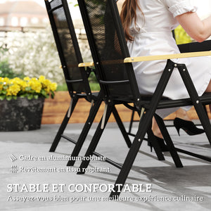 Salon de jardin extérieur 6 personnes, table de jardin extérieure avec 6 chaises, cadre en aluminium, table 140 CM, chaises pliables et inclinables, mobilier de terrasse, patio, noir