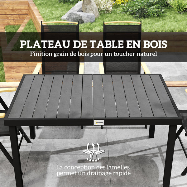 Salon de jardin extérieur 6 personnes, table de jardin extérieure avec 6 chaises, cadre en aluminium, table 140 CM, chaises pliables et inclinables, mobilier de terrasse, patio, noir