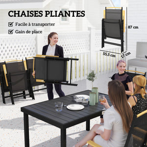 Salon de jardin extérieur 6 personnes, table de jardin extérieure avec 6 chaises, cadre en aluminium, table 140 CM, chaises pliables et inclinables, mobilier de terrasse, patio, noir