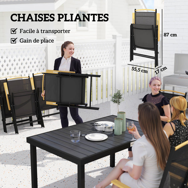 Salon de jardin extérieur 6 personnes, table de jardin extérieure avec 6 chaises, cadre en aluminium, table 140 CM, chaises pliables et inclinables, mobilier de terrasse, patio, noir