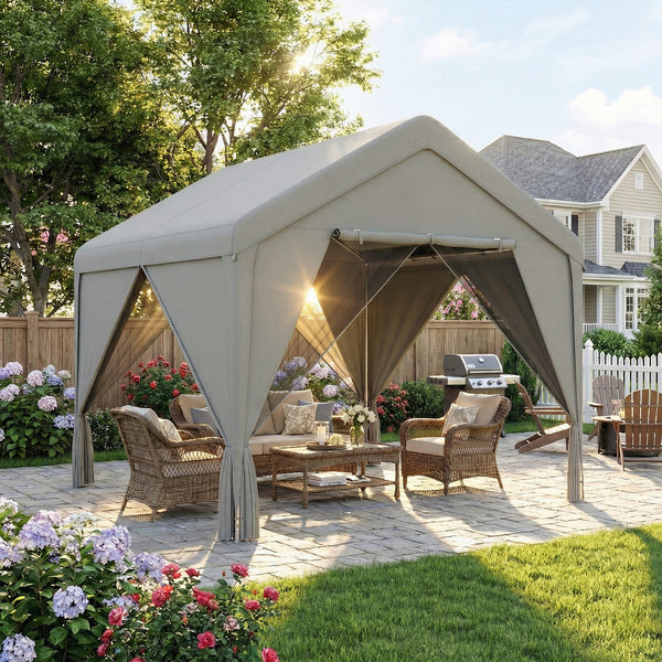 Tonnelle de jardin extérieur 3x3m pavillon de jardin hydrofuge - structure robuste en acier galvanisé avec toit double pente - barnum avec rideaux et moustiquaire pour fête et terrasse, gris
