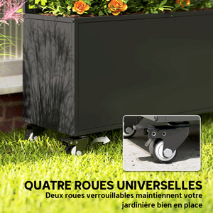 Jardinière avec treillis, bac à fleurs, lit surélevé avec brise-vue et roulettes verrouillables, pour plantes grimpantes, légumes, métal, intérieur et extérieur, 90 x 30 x 160 cm, noir