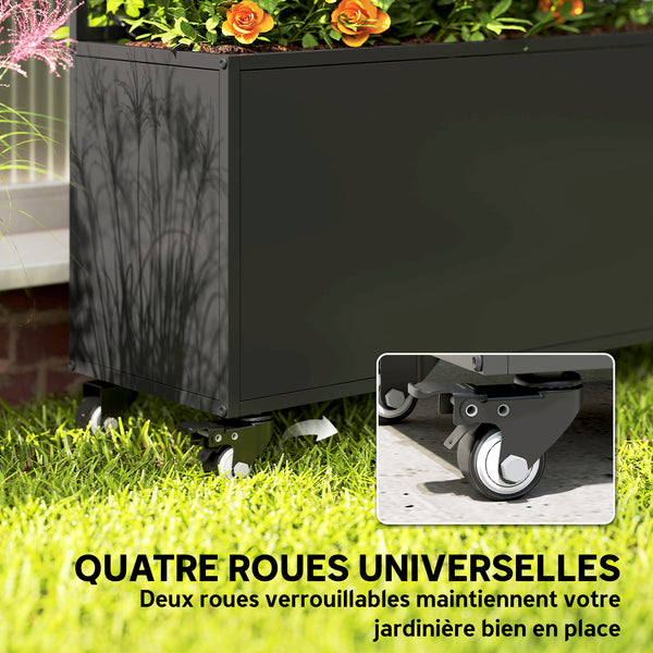 Jardinière avec treillis, bac à fleurs, lit surélevé avec brise-vue et roulettes verrouillables, pour plantes grimpantes, légumes, métal, intérieur et extérieur, 90 x 30 x 160 cm, noir