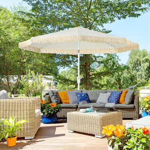 Parasol de jardin parasol extérieur inclinable à franges avec manivelle 8 baleines dim. Ø 2,65 x 2,45 H m Blanc