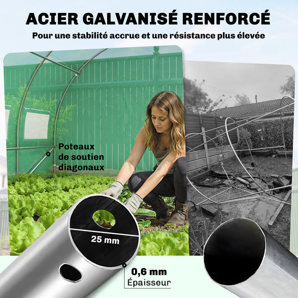 Serre tunnel de jardin 18m², serre de jardin tunnel 295x597x200cm avec portes et 12 fenêtres avec moustiquaires, bâche PE haute densité 140 g/m² prolongée de 20 cm, pour extérieur, vert