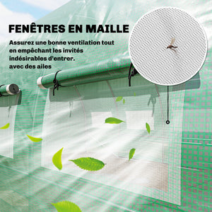 Serre tunnel de jardin 18m², serre de jardin tunnel 295x597x200cm avec portes et 12 fenêtres avec moustiquaires, bâche PE haute densité 140 g/m² prolongée de 20 cm, pour extérieur, vert