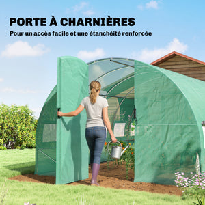 Serre tunnel de jardin 18m², serre de jardin tunnel 295x597x200cm avec portes et 12 fenêtres avec moustiquaires, bâche PE haute densité 140 g/m² prolongée de 20 cm, pour extérieur, vert