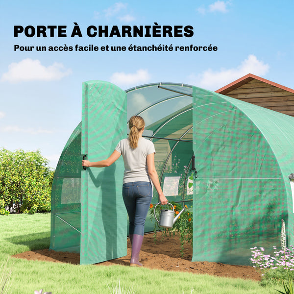 Serre tunnel de jardin 18m², serre de jardin tunnel 295x597x200cm avec portes et 12 fenêtres avec moustiquaires, bâche PE haute densité 140 g/m² prolongée de 20 cm, pour extérieur, vert