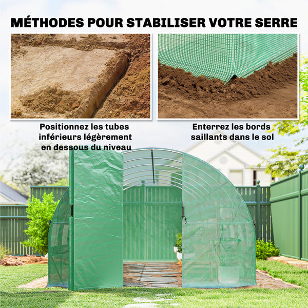 Serre tunnel de jardin 18m², serre de jardin tunnel 295x597x200cm avec portes et 12 fenêtres avec moustiquaires, bâche PE haute densité 140 g/m² prolongée de 20 cm, pour extérieur, vert