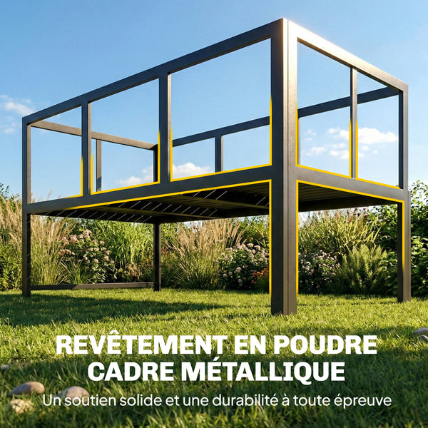 Salon de Jardin 3 Pièces en Métal avec Table Basse à Lattes, Coussins, Accoudoirs Réglables, Canapé d'Angle 4 Places pour Terrasse, Mobilier d'Extérieur, Gris