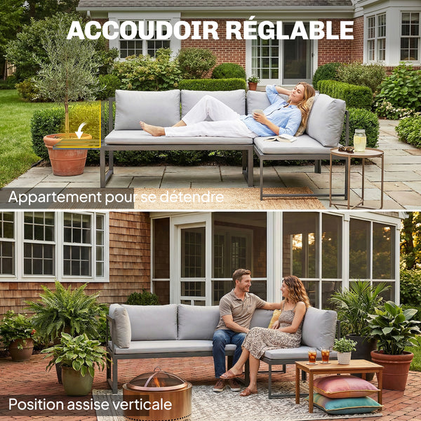 Salon de Jardin 3 Pièces en Métal avec Table Basse à Lattes, Coussins, Accoudoirs Réglables, Canapé d'Angle 4 Places pour Terrasse, Mobilier d'Extérieur, Gris