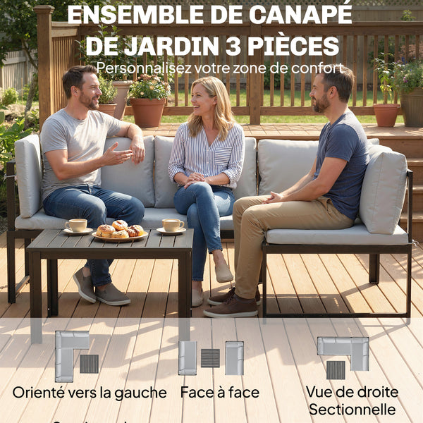 Salon de Jardin 3 Pièces en Métal avec Table Basse à Lattes, Coussins, Accoudoirs Réglables, Canapé d'Angle 4 Places pour Terrasse, Mobilier d'Extérieur, Gris