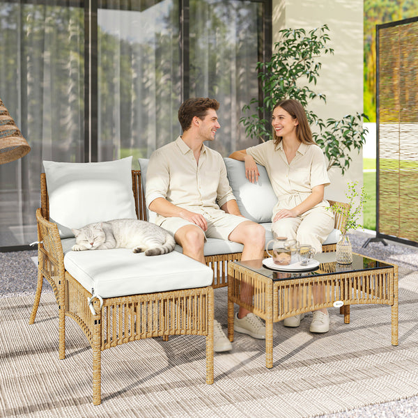 Salon de jardin extérieur d'angle 4 places en résine tressée, canapé 2 places, chaise longue, table basse, plateau en verre trempé et coussins, mobilier de jardin, terrasse, patio, crème