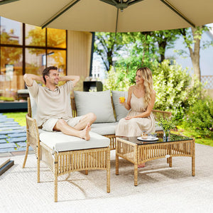 Salon de jardin extérieur d'angle 4 places en résine tressée, canapé 2 places, chaise longue, table basse, plateau en verre trempé et coussins, mobilier de jardin, terrasse, patio, crème