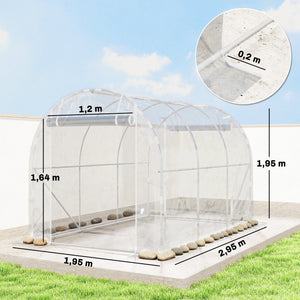 Serre tunnel de jardin 6m², serre de jardin tunnel 195x295x195cm avec cadre acier galvanisé, 2 portes, bâche PE haute densité 150g/m² prolongée de 20 cm, pour extérieur transparent