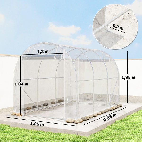 Serre tunnel de jardin 6m², serre de jardin tunnel 195x295x195cm avec cadre acier galvanisé, 2 portes, bâche PE haute densité 150g/m² prolongée de 20 cm, pour extérieur transparent
