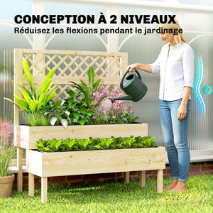 Jardinière à 2 Niveaux avec Treillis, bac à fleurs, lit surélevé avec tissu non tissé, pour plantes grimpantes, légumes, bois, intérieur et extérieur, 108 x 62 x 120 cm effet bois naturelle
