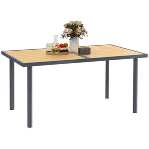 Table à manger de jardin pour 6 personnes, table de jardin avec plateau effet bois rectangulaire en acier anti-rouille pour patio, terrasse, 150 x 90 x 72 cm, bois naturel