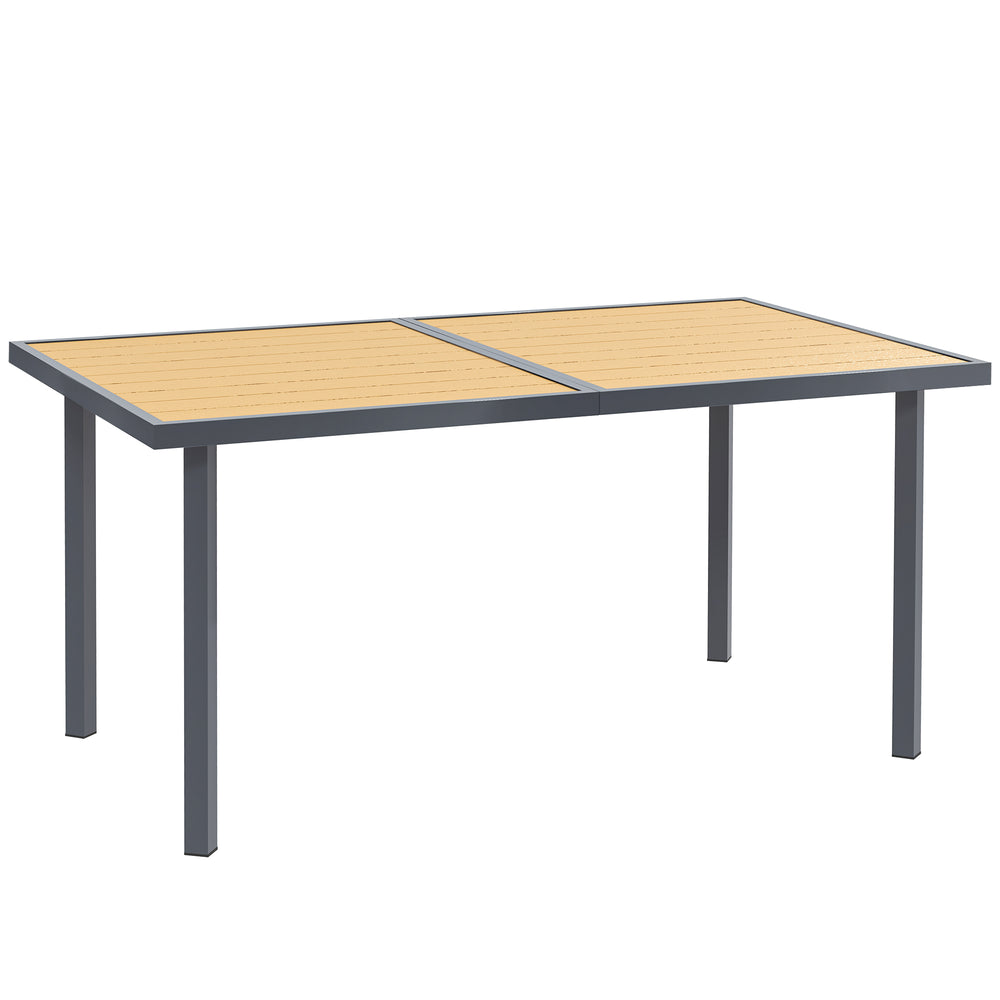 Table à manger de jardin pour 6 personnes, table de jardin avec plateau effet bois rectangulaire en acier anti-rouille pour patio, terrasse, 150 x 90 x 72 cm, bois naturel