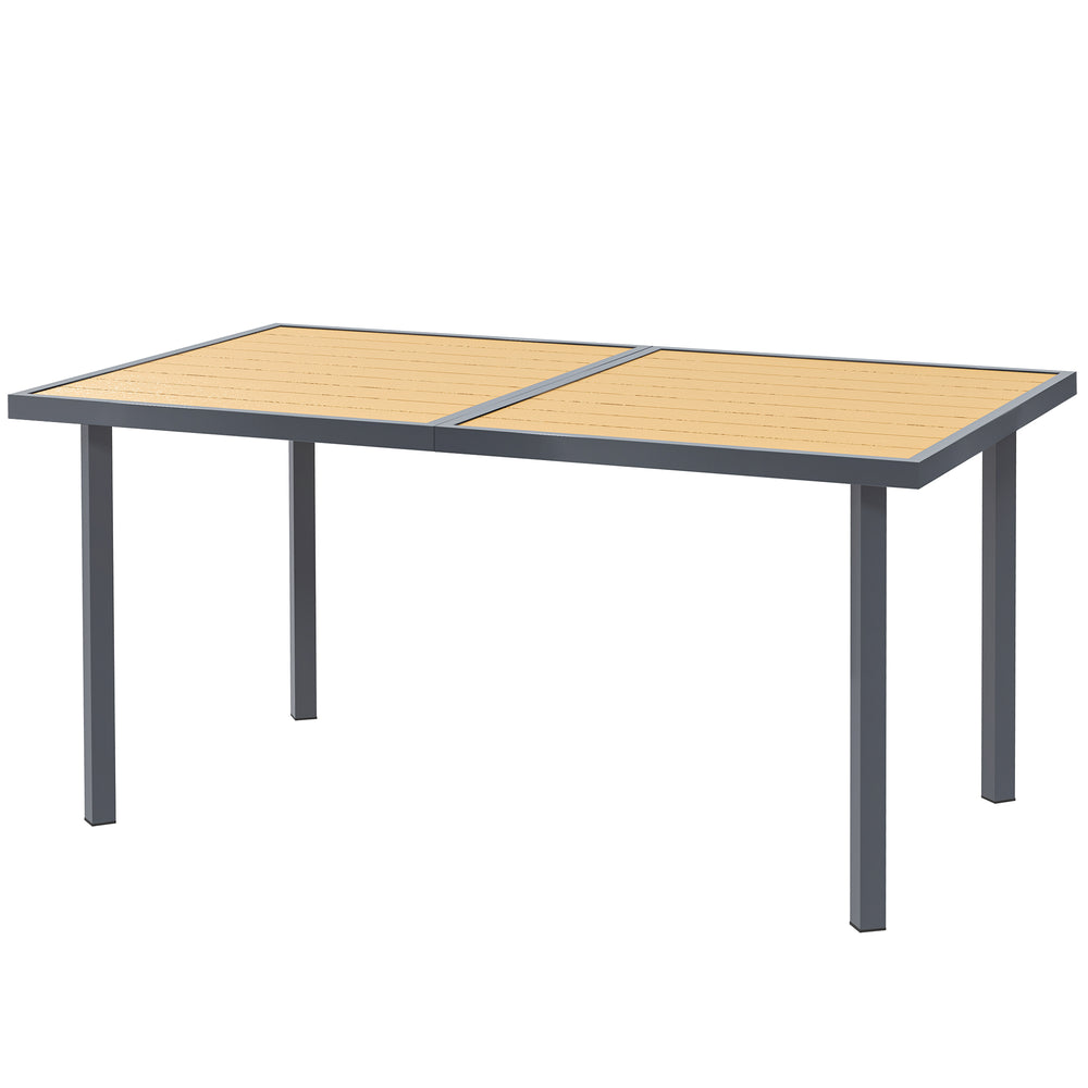Table à manger de jardin pour 6 personnes, table de jardin avec plateau effet bois rectangulaire en acier anti-rouille pour patio, terrasse, 150 x 90 x 72 cm, bois naturel