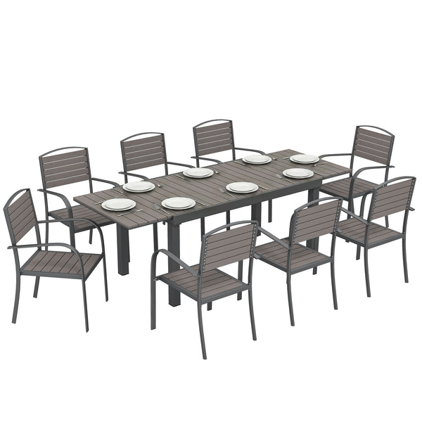 Salon de Jardin 8 Personnes - Table de Jardin Extensible 150-225cm avec Plateau Polybois et 8 Chaises - Ensemble Repas Extérieur en Aluminium pour Terrasse, Balcon et Véranda, Gris