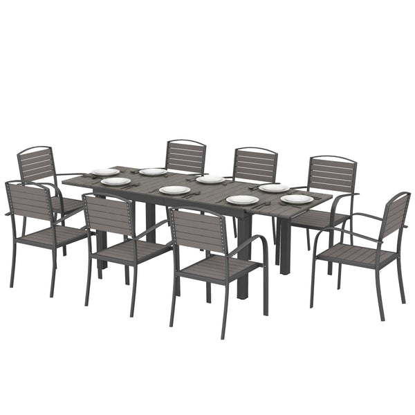 Salon de Jardin 8 Personnes - Table de Jardin Extensible 150-225cm avec Plateau Polybois et 8 Chaises - Ensemble Repas Extérieur en Aluminium pour Terrasse, Balcon et Véranda, Gris