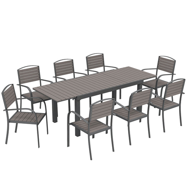 Salon de Jardin 8 Personnes - Table de Jardin Extensible 150-225cm avec Plateau Polybois et 8 Chaises - Ensemble Repas Extérieur en Aluminium pour Terrasse, Balcon et Véranda, Gris