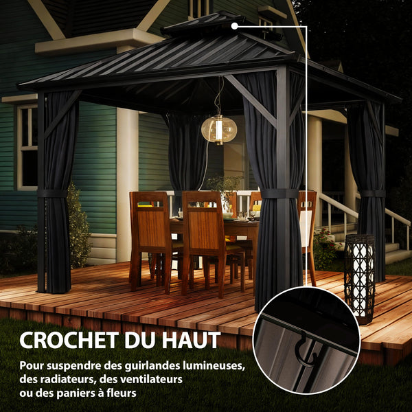 Pavillon 3 x 3 m avec Toit Rigide en Acier Galvanisé, Protection UPF50+, Cadre en Aluminium, Rideaux et Moustiquaire, Crochet de Plafond, Gris Foncé
