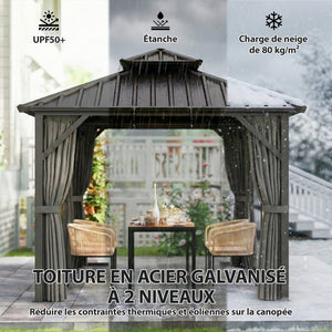 Pavillon 3 x 3 m avec Toit Rigide en Acier Galvanisé, Protection UPF50+, Cadre en Aluminium, Rideaux et Moustiquaire, Crochet de Plafond, Gris Foncé