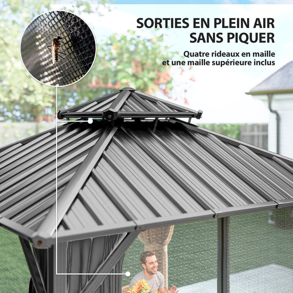 Pavillon 3 x 3 m avec Toit Rigide en Acier Galvanisé, Protection UPF50+, Cadre en Aluminium, Rideaux et Moustiquaire, Crochet de Plafond, Gris Foncé